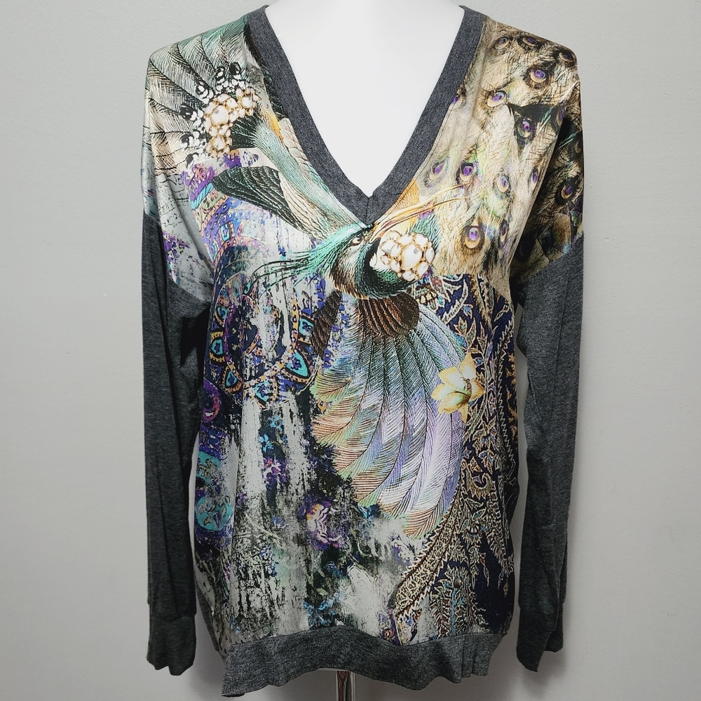Single By Galina Sobolev Gray Silk Knit Combo Peacock Vneck Tee Size Small